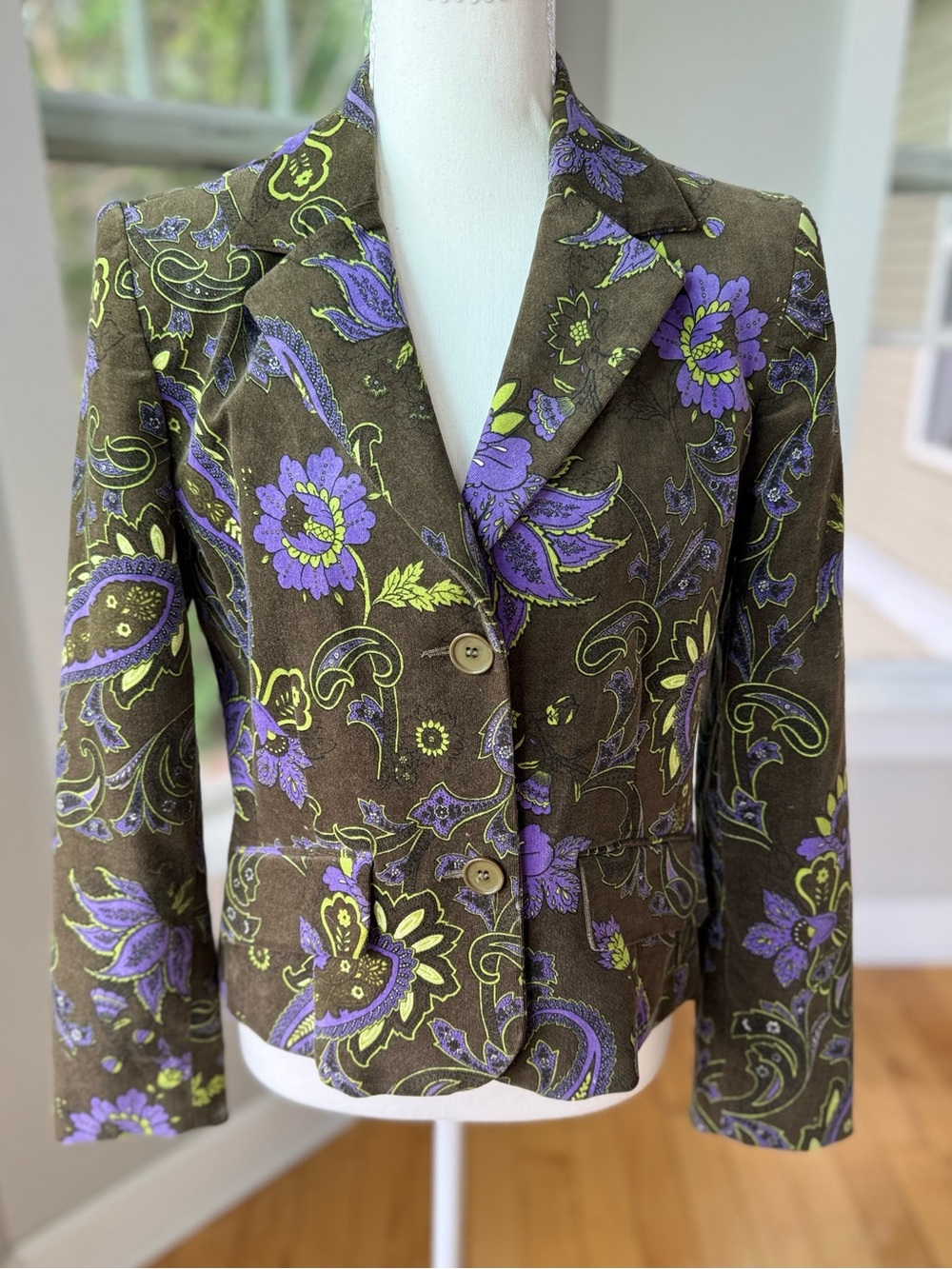 Petite Sophisticate Olive Green Purple Floral Velvet Blazer Jacket Size 10